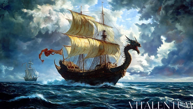 Dragon-prowed galleon under dynamic storm lighting crosses choppy sea