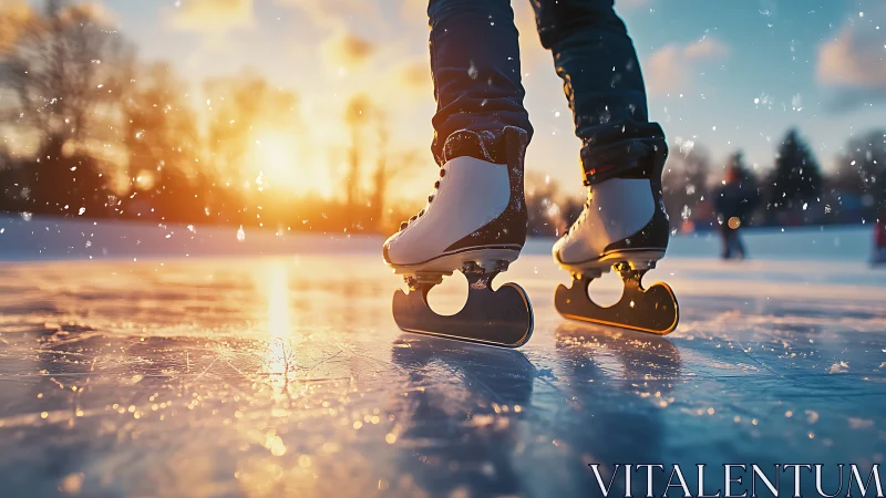 Sunlit outdoor ice skating scene with close skate detail.