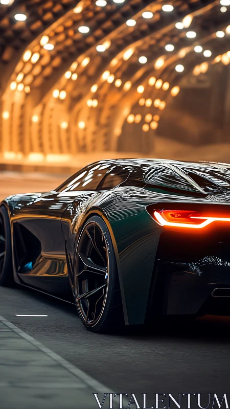 Low-angle rear view highlights aerodynamic hypercar under tunnel bokeh