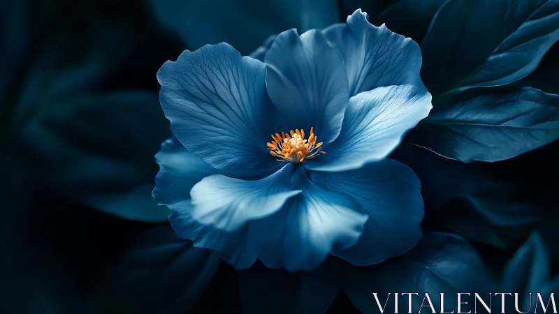 Blue Flower with Luminous Orange Stamens Against Dark Bokeh.