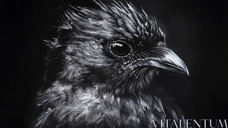 Realistic black and white bird portrait in scratchboard art style.