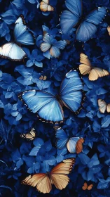 Blue and amber butterflies over monochrome indigo foliage.