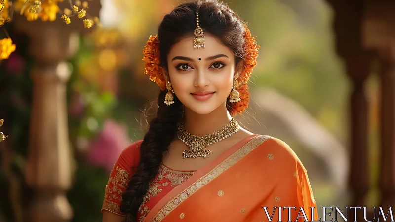 Photorealistic portrait woman in orange saree outdoors.