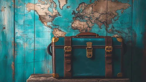Vintage teal leather suitcase before turquoise world map wall