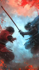 Samurai duel amid red and blue swirling energy clouds.