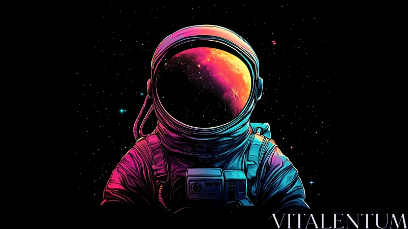 Neon astronaut portrait with glowing planet visor in space.