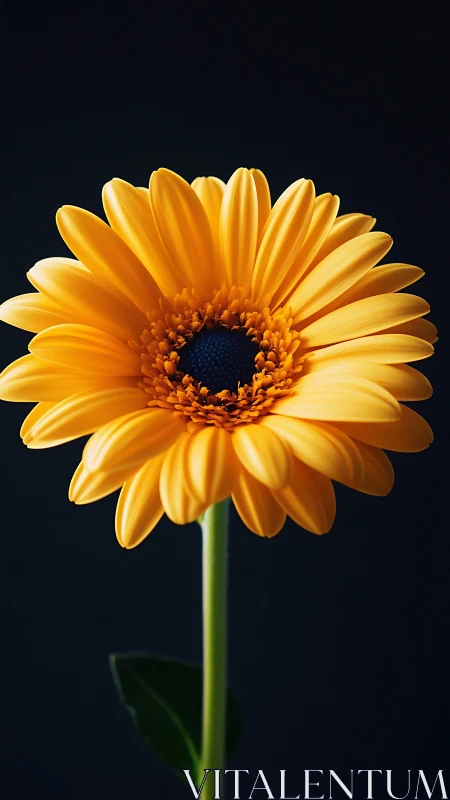Yellow Gerbera Daisy with Dark Center Against Black Background