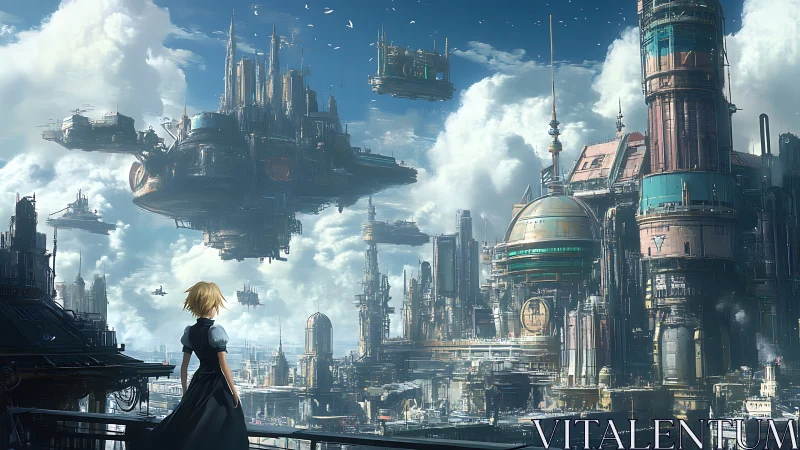 Floating megastructures over neo-industrial sky city panorama