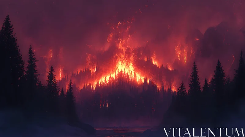 Catastrophic Wildfire Consuming Mountain Forest at Night