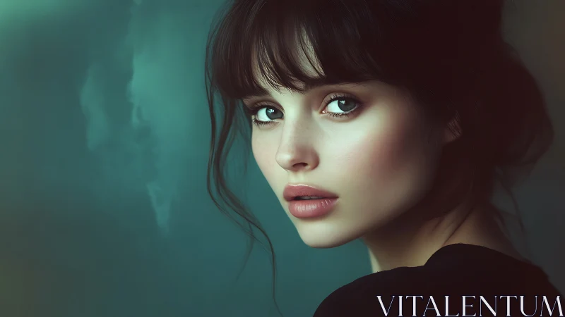 Digital portrait of young woman with teal soft background.