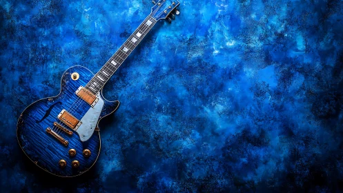 Midnight blue electric guitar against dreamy clouded blues.