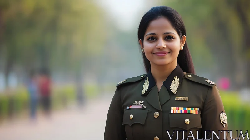 Confident Female Army Officer Outdoors, Natural Light Portrait.