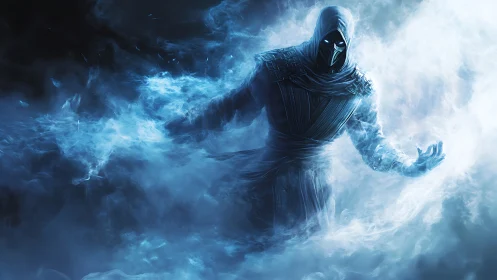 Hooded spectral figure in blue mist with extended hands.