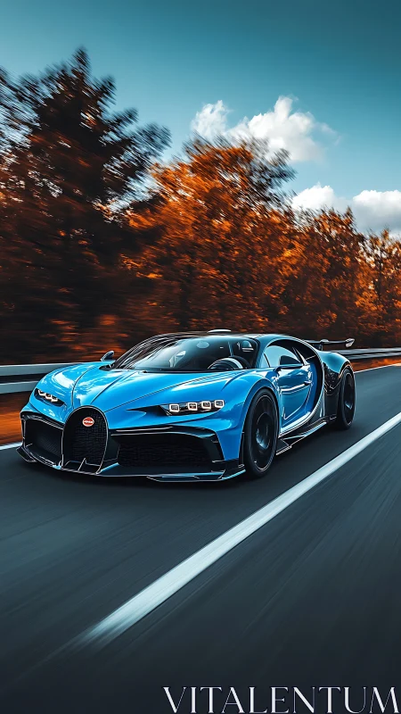 Blue hypercar slices autumn highway in liquid lightning.