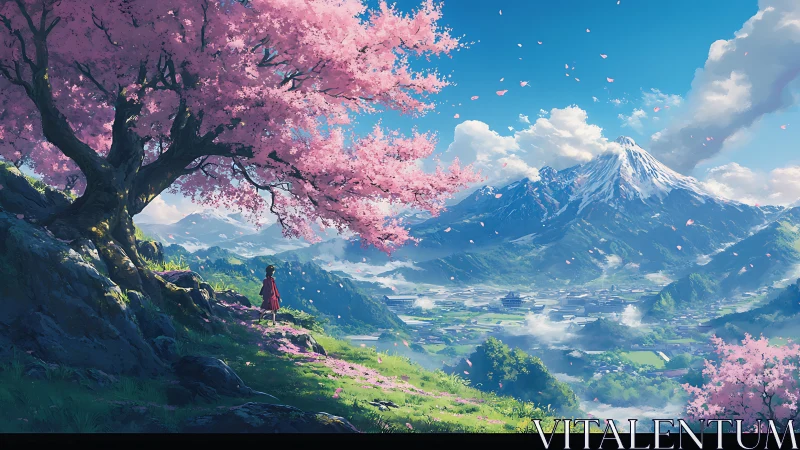 Digital landscape under cherry blossoms with distant alpine vista.