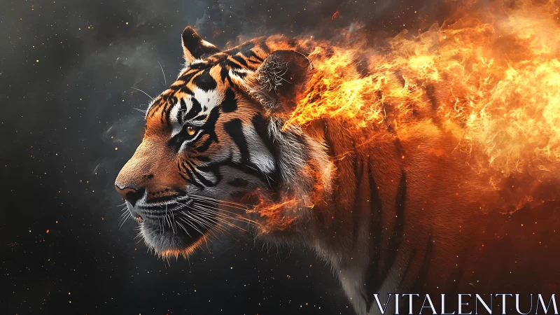 Digital tiger portrait merges realistic fur rendering with fire