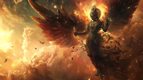 Winged celestial deity rises through blazing cosmic clouds