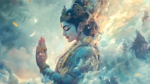 Digital painting of divine figure in luminous celestial clouds.