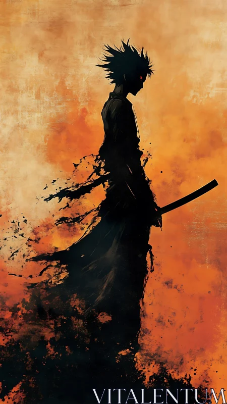 Samurai silhouette dissolving in fiery orange haze.