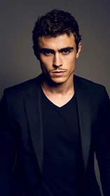 Intense young man in dark blazer against moody backdrop.
