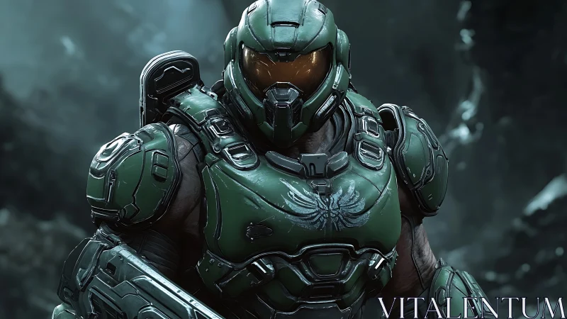 Heavily armored sci fi supersoldier in green exosuit portrait