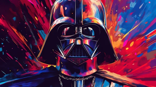 Helmeted dark figure in neon explosive digital portrait.