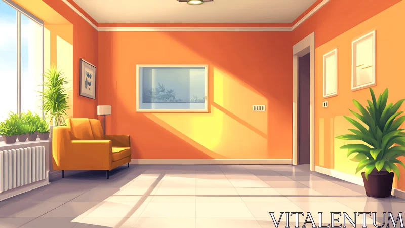 Sunlit modern interior with orange walls and seating area.