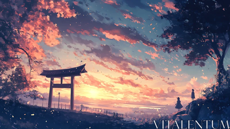 Torii gate landscape with distant figures at sunset sky.