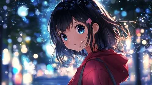 Anime girl glows under neon bokeh lights at night