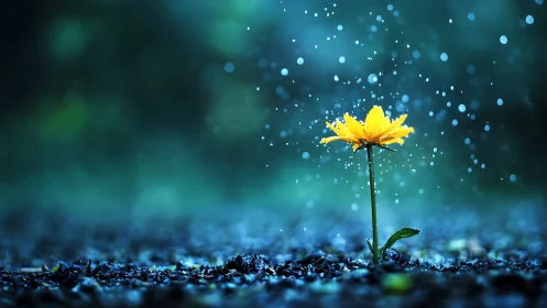 Solitary Yellow Bloom Against Stormy Bokeh Background.