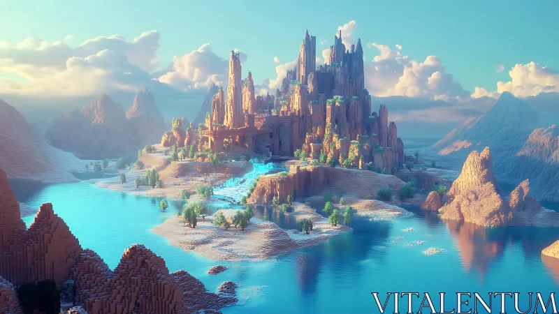 Fantasy Citadel Emerges: Luminous Cathedral Towers Above Turquoise Waters