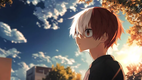 Anime youth in golden hour backlight under dynamic sky