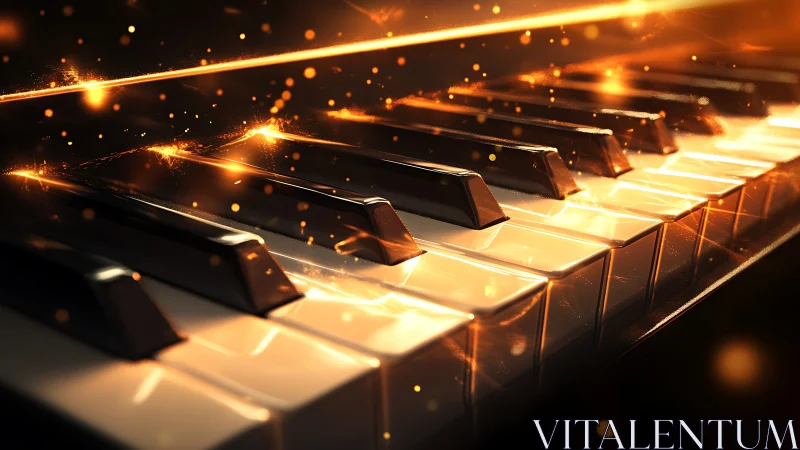 Glowing piano keys with warm golden light and sparks.