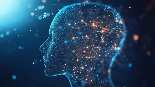 Neural light network within translucent human head silhouette.