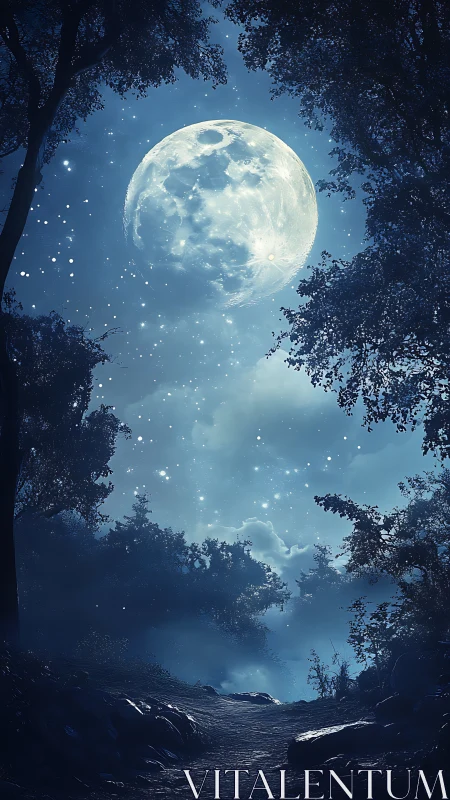 Lunar-illuminated woodland path under particulate night sky.