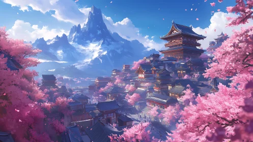 Elevated cherry blossom metropolis beneath monumental snow peak