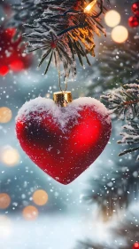 Snow-dusted red heart ornament glowing on a cozy tree.