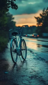 Bicycle positioned on wet asphalt at dusk.