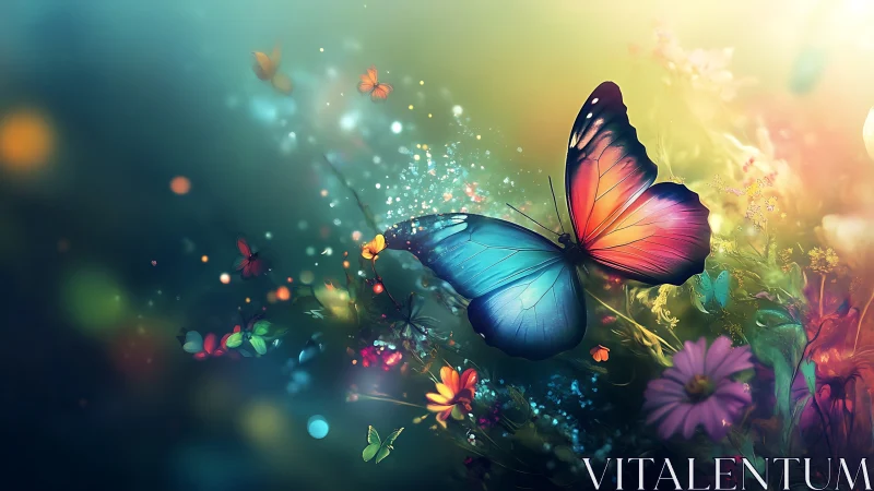 Butterfly with multicolored wings over stylized floral field.