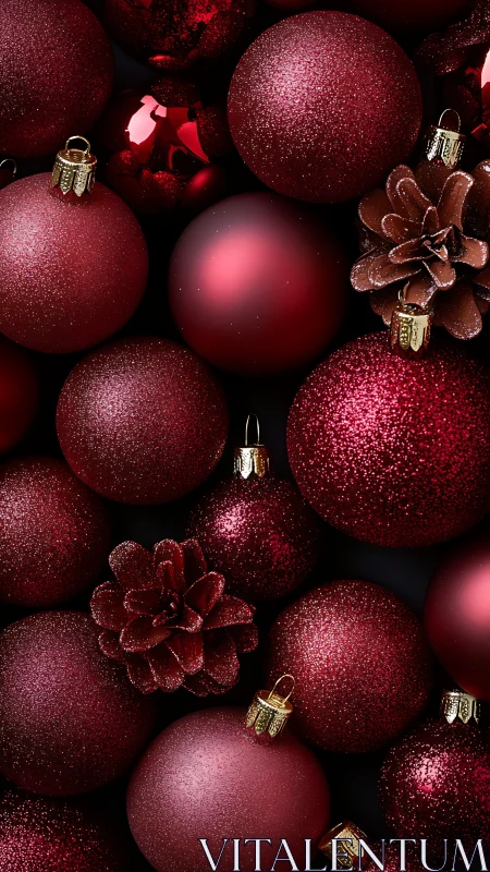 Macro study of red glitter ornaments and metallic pinecones.