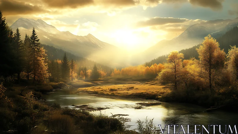Golden alpine valley river under dramatic sunrise glow.