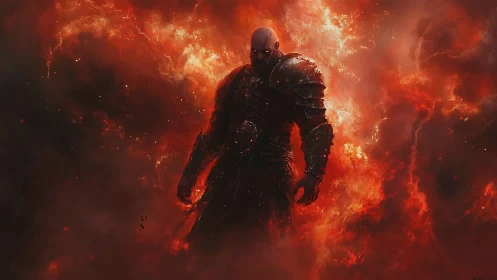 Fierce armored warrior rising from swirling crimson fire.