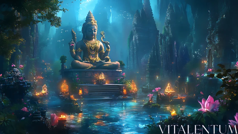 Digital painting of luminous Shiva temple in misted jungle basin.