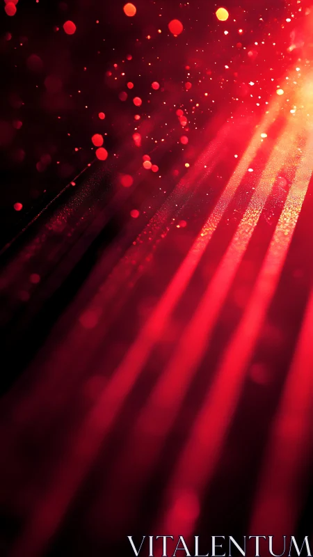 Crimson light beams dancing through floating fire dust.