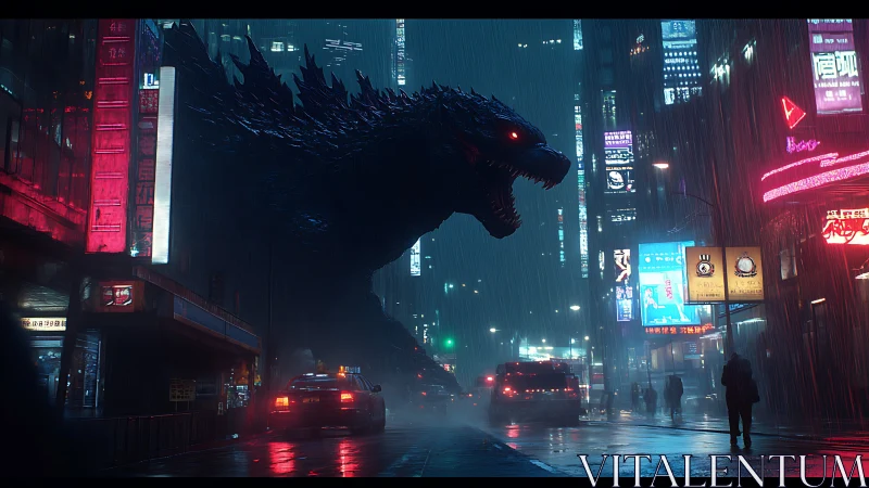 Neon storm lizard prowls rain-drowned cyberpunk avenue.