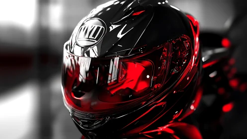 Crimson visor storm on a mirror-bright racing helmet.