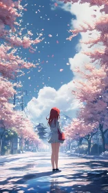 Red-haired girl contemplates a cherry blossom-lined street.