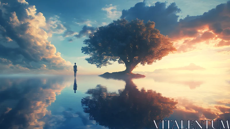 Solitary figure and tree mirrored on hyper-reflective water plane