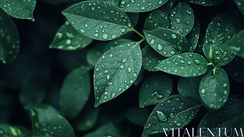 Macro close-up of rain-soaked green foliage with droplets