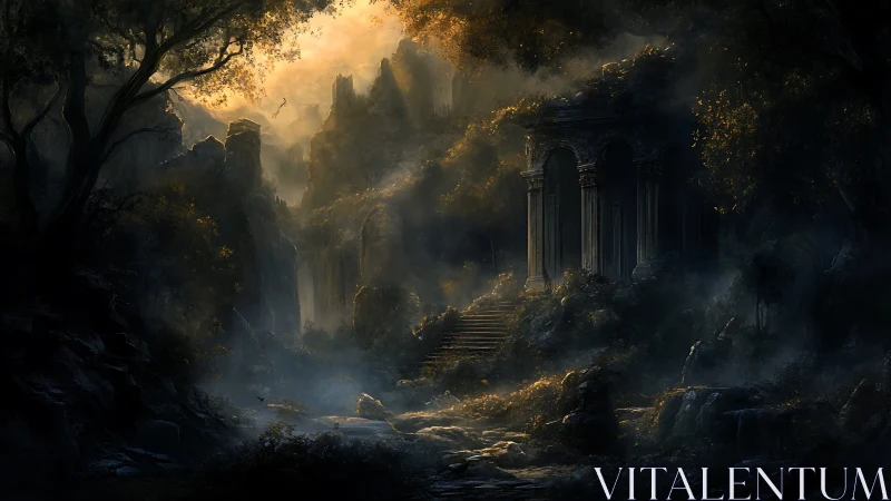 Ruined stone temple in misty forested mountain valley.